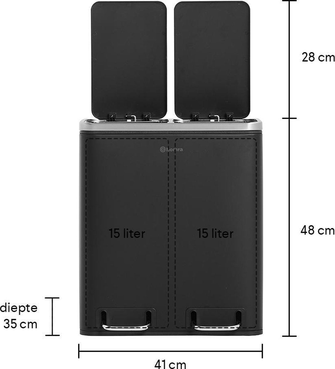 Homra BLINQ Afvalscheiding prullenbak met 2 vakken - 2 x 15 L inhoud - Duo pedaalemmer Zwart - Afvalemmer 30 Liter - Recycle Afvalbak - Zwarte Afvalscheidingsprullenbak - HygiÃƒÂ«nisch Afval Scheiden - Keuken Vuilbak - Kantoor
