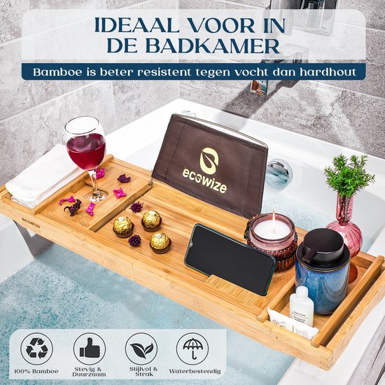 Ecowize - Luxuriöses Bambus-Badetablet - mit Buchhalterung - ausziehbar - 75cm bis 110cm - Bambus