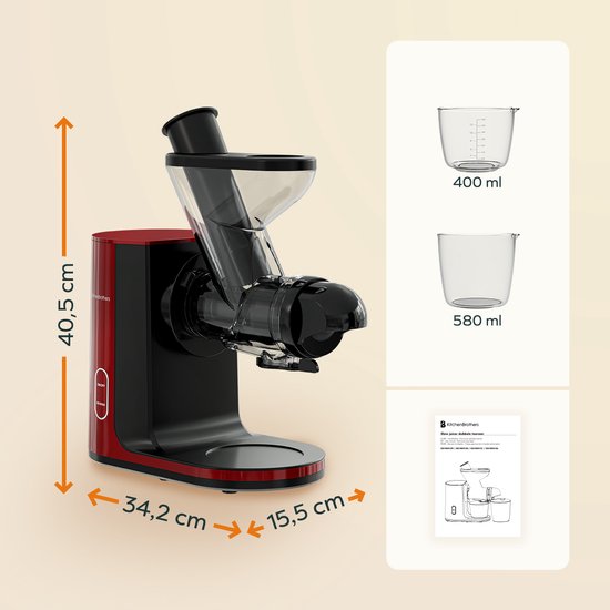 KitchenBrothers Slowjuicer - Entsafter - Gemüse- und Obstpresse - 43 mm und 60 mm Einfüllöffnung - 400 ml - Rot
