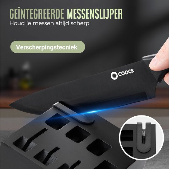 COOCK - Messerset mit Block und klappbarem Schneidebrett - Küchenmesser - Schere - Messerschärfer - 15-teiliges Küchenutensilien-Set im Messerblock - Edelstahl - mit 'Antihaft'-Beschichtung - Schwarz