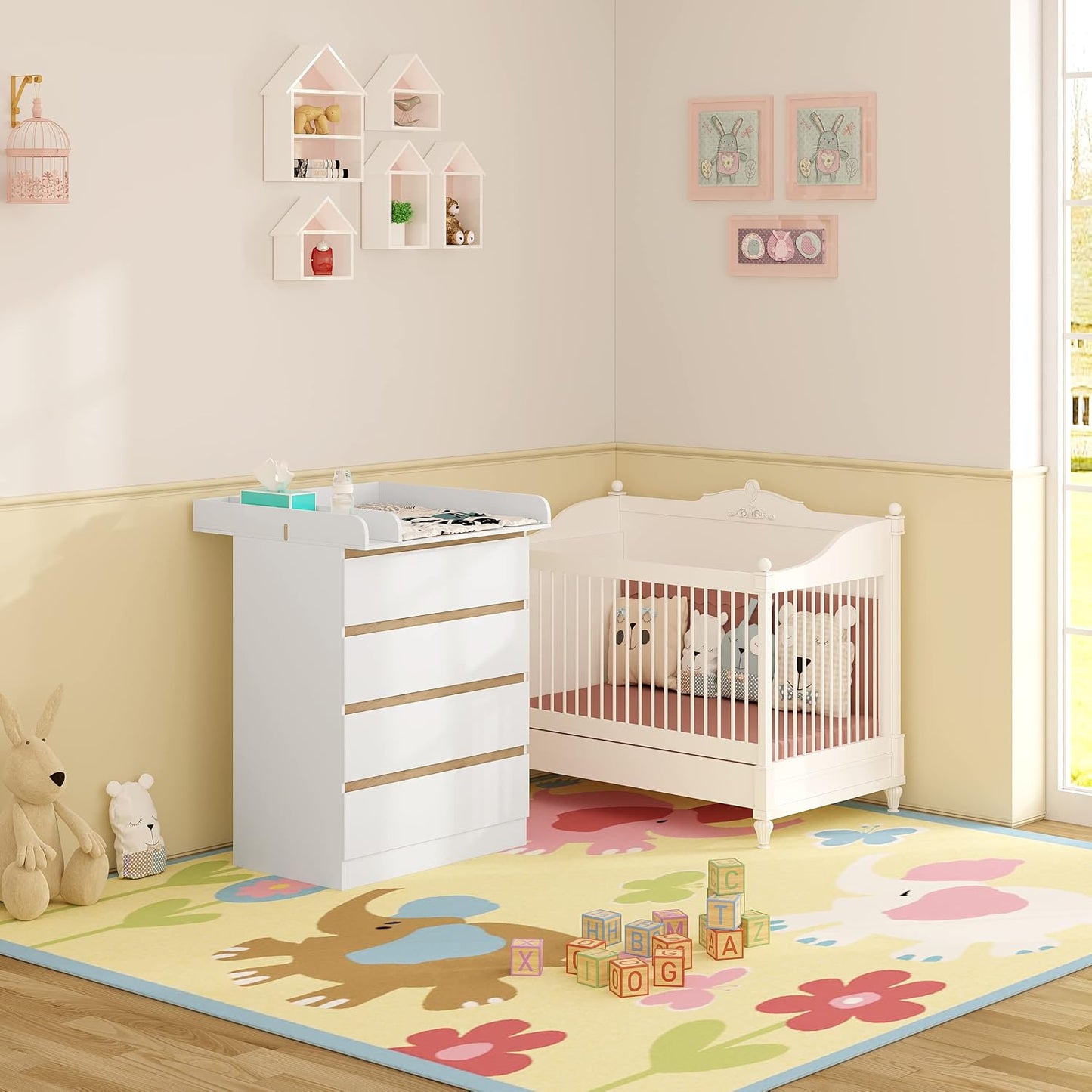 WOLTU Babykommode mit abnehmbarer Wickelauflage – 4 Schubladen – FSC-zertifiziertes Holz – Weiß