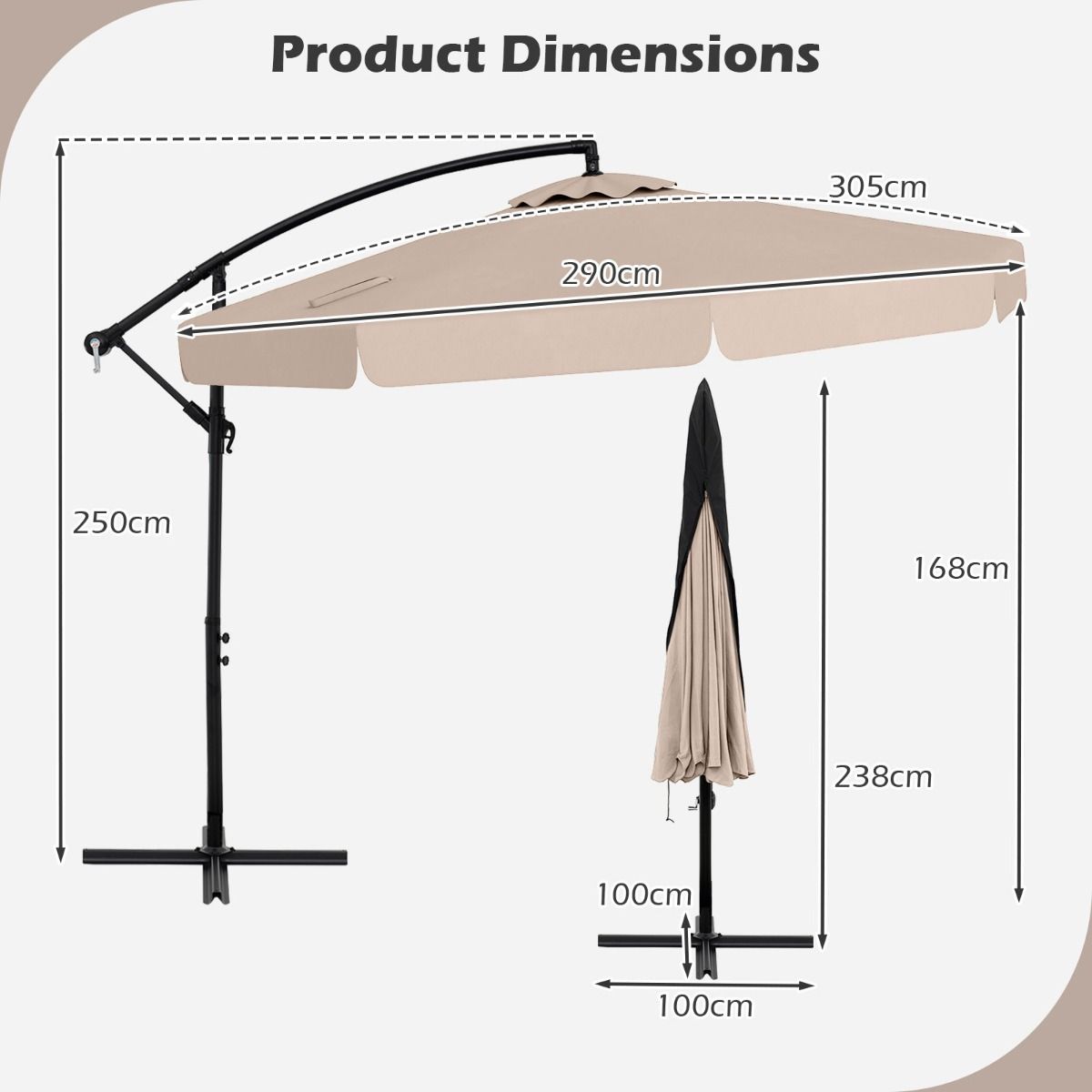 Coast Hängesonnenschirm – 305 cm Durchmesser – Höhenverstellbar – Inklusive Schutzhülle – Beige