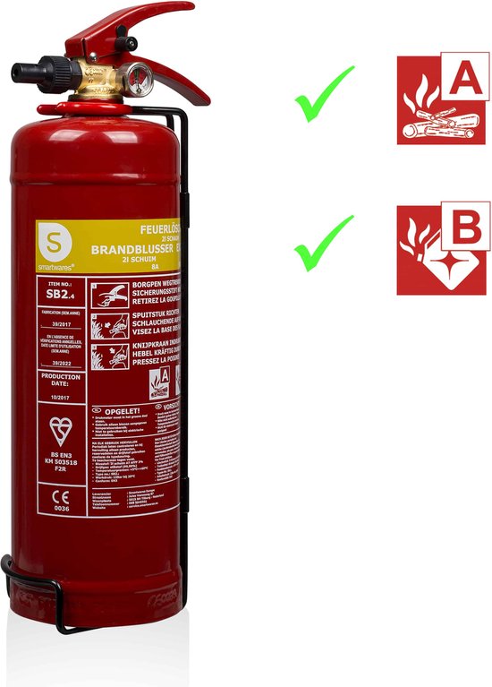 Smartwares 10.014.97 Feuerlöscher - 2 Liter - Schaum - Inklusive Aufhängevorrichtung - Brandklasse AB - BSI zertifiziert