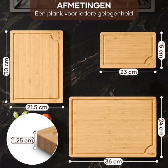 Villux Schneidebrett – Schneidebrett-Set – Schneidebrett aus Holz – Schneidebretter – Schneidebrett aus Bambus – Holzschneidebrett – Tapas-Brett – Snack-Brett – Servierbrett – Häppchenbrett – Inklusive E-Book - 3 Stück - Bambus