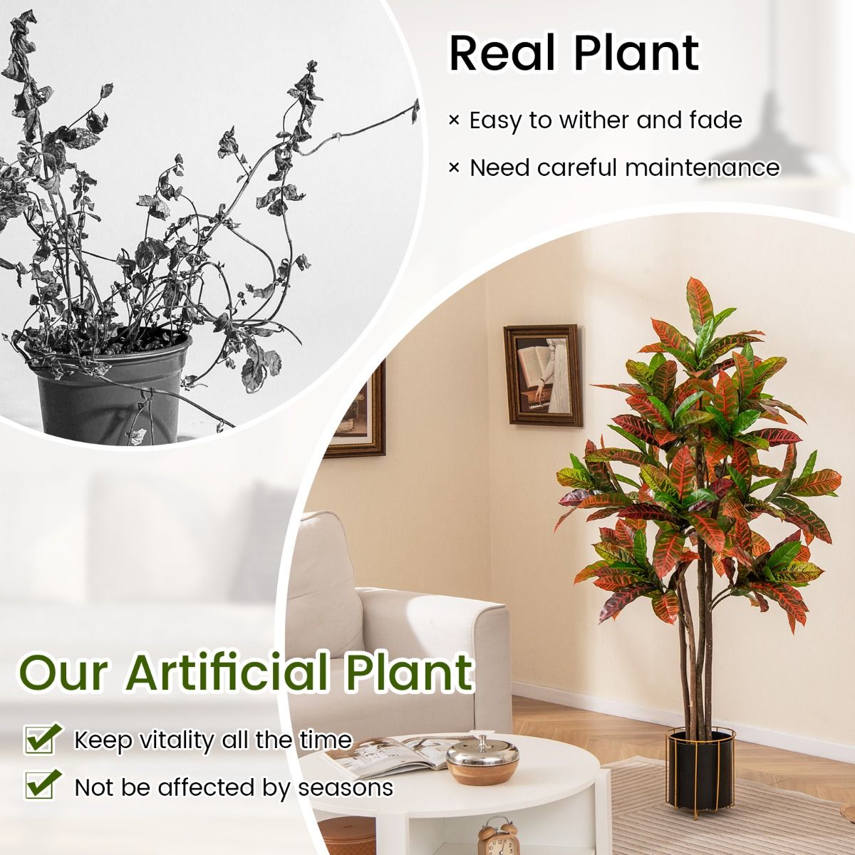 Coast Kunstpflanze Croton-Palme – Stamm aus echtem Holz – farbenfrohe Blätter – 150 cm