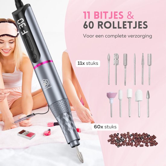 Beeperfect® Cordless Electric Nail File Pro Edition - Nagelfräse - Maniküre- und Pediküre-Set - wiederaufladbar - 11 Bits und 60 Schleifrollen - 30.000 U/min