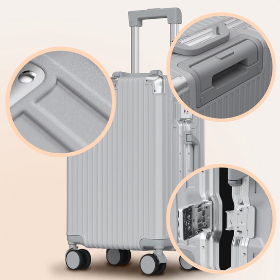 TRVLMORE Premium-Handgepäckkoffer – 54 x 35 x 22 cm – 360°-Drehrollen – Doppeltes TSA-Zahlenschloss – Polycarbonat – Ohne Reißverschluss – 40 Liter – Silber