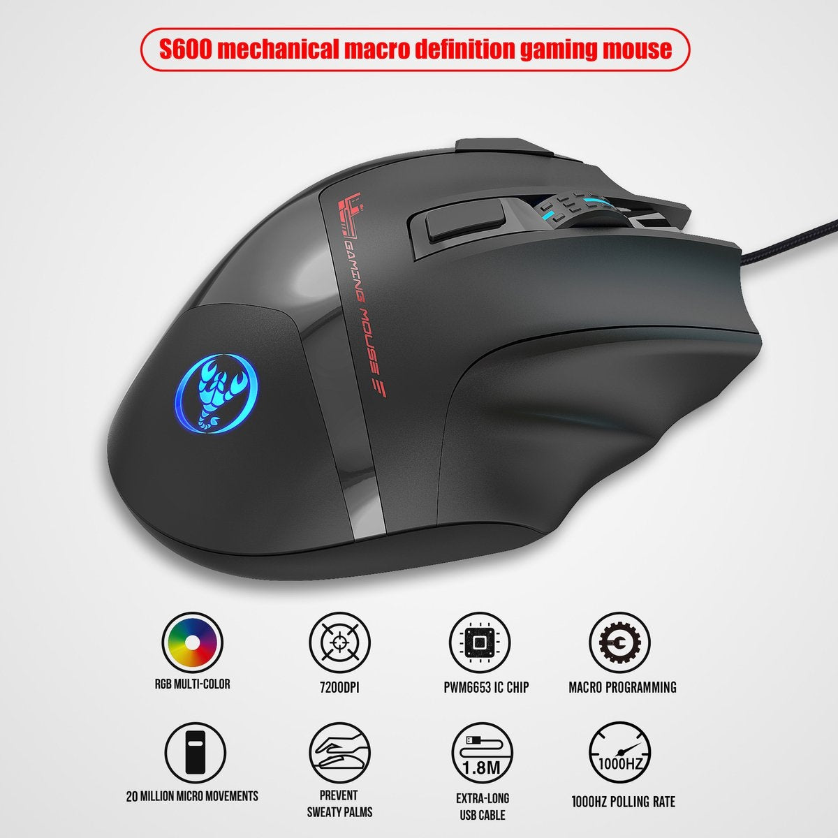 HXSJ S600 Pro Optische Gaming-Maus - Programmierbar - RGB-Licht - Ergonomisch - 7200DPI - Schwarz