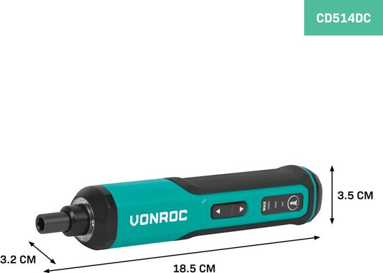 VONROC Elektroschrauber 4V - Inkl. 15-teiligem Bit-Set und USB-C Kabel