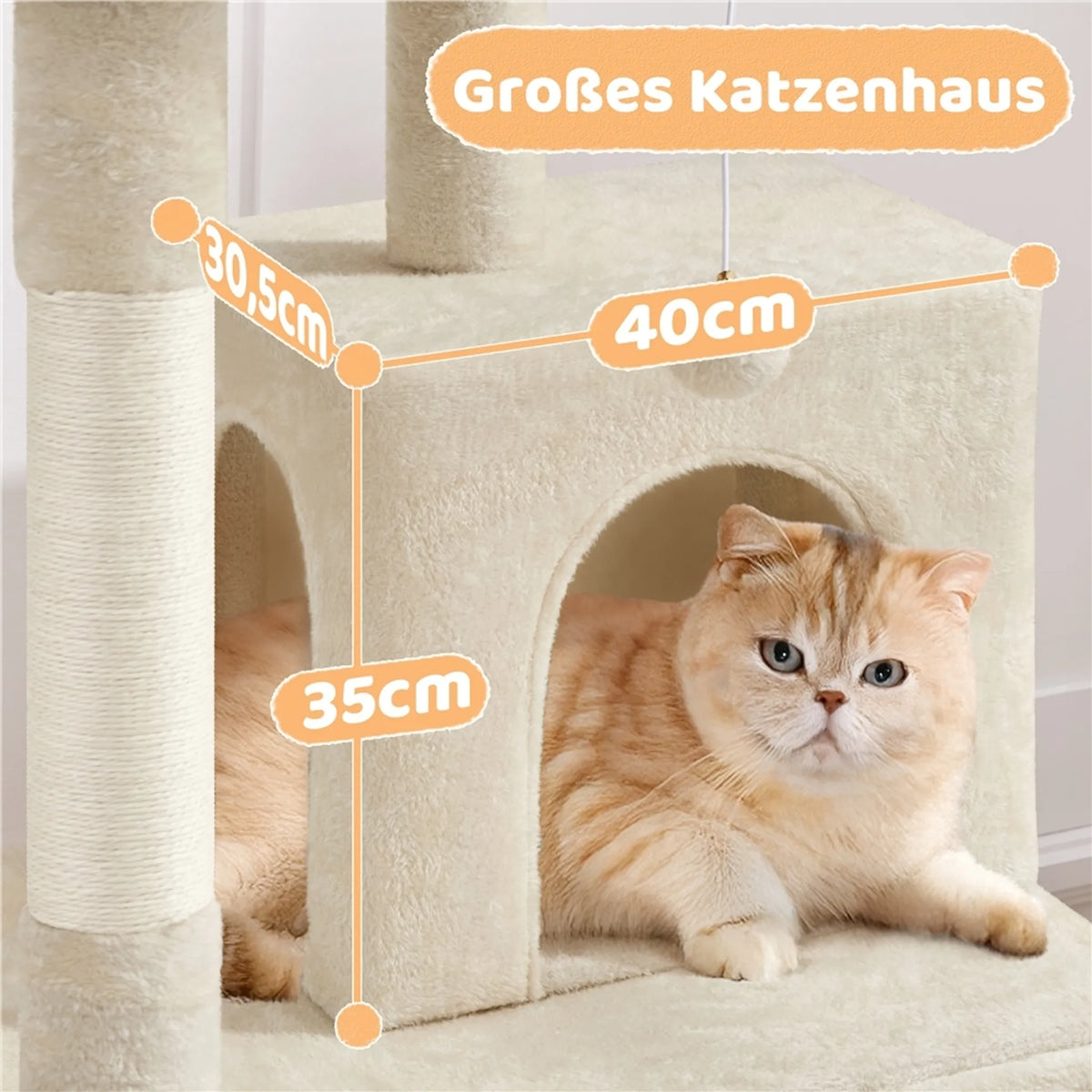 Yaheetech Katzenpfosten mit 2 Katzenhäusern - ausgestattet mit Sisalkratzbaum und Kratzbrett und Aussichtsplattform - für kleine und mittelgroße Katzen - beigefarbener Plüsch und Spanplatte - 60 x 45 x 106 cm