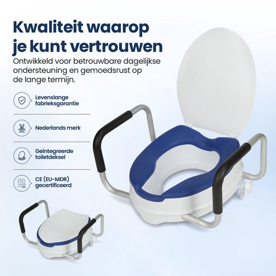 Truesafe Toilettensitzerhöhung 10 cm – Universalgröße – Mit Armlehne und Deckel – Erhöhter Toilettensitz – Ergonomisches Sitzkissen – Sitzerhöhung für Erwachsene und Senioren