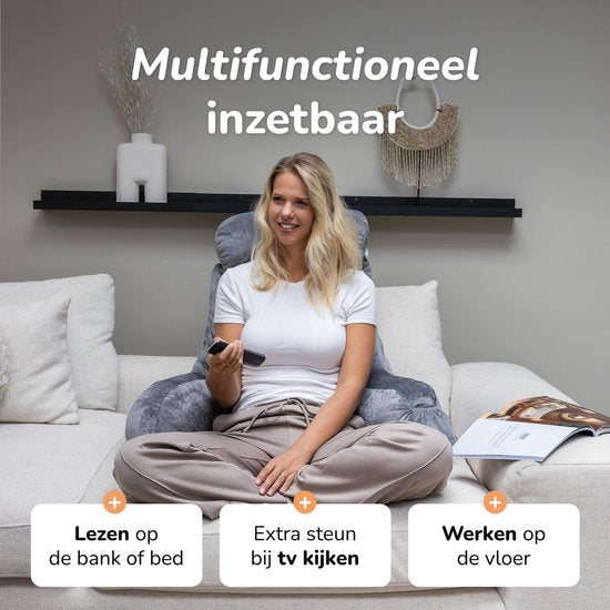Soft & Silky Lesekissen fürs Bett - Gute Haltung - Mit 3 Ablagefächern - Für den unteren Rücken - Fürs Sofa - Grau