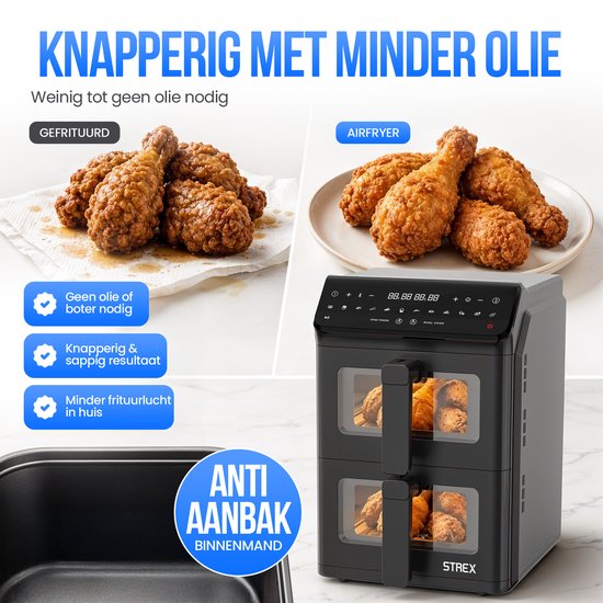Strex Airfryer mit zwei Körben, 11 l, XXL-Heißluftfritteuse, 2500 W – Airfryer mit 2 Körben – Dual Basket – 13 Kochprogramme – Große vertikale Airfryer für die ganze Familie