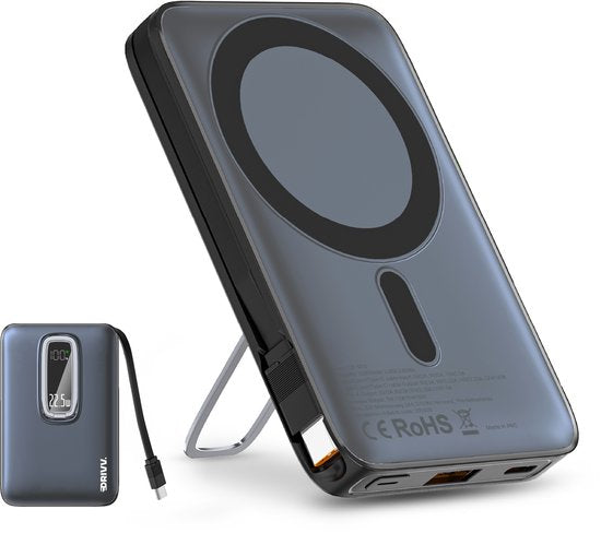 Powerbank 10.000 mAh, kompatibel mit MagSafe, mit USB-C-Kabel – 3-in-1-Design – 22,5 W kabellose Powerbank – inklusive 60-W-Ladekabel – Schnellladefunktion – USB & USB-C – Schwarz –