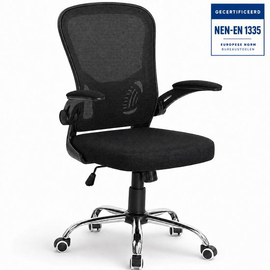 Infinity Goods Ergonomischer Bürostuhl – Office Chair – 4D-Lendenwirbelstütze & Netzbezug – Klappbare Armlehnen – Bis zu 150 kg – NEN-EN1335 – Schwarz