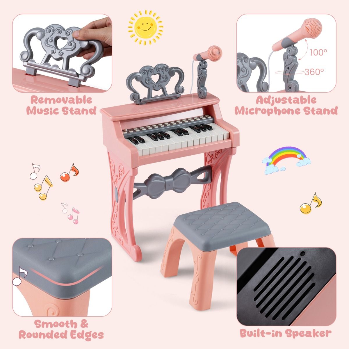 Coast Kinderkeyboard – 25 Tasten – mit Hocker, Notenständer und Mikrofon – rosa und grau