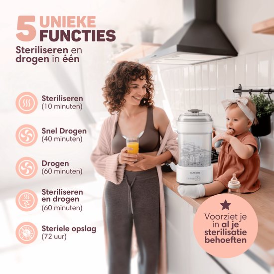 Vulpes Goods® Flaschen-Sterilisator - 5-in-1 Funktion - Mit Trocknungsfunktion & Warmhaltefunktion - Für Babyflaschen & Milchpumpen - BPA-frei - Kunststoff & Weiß