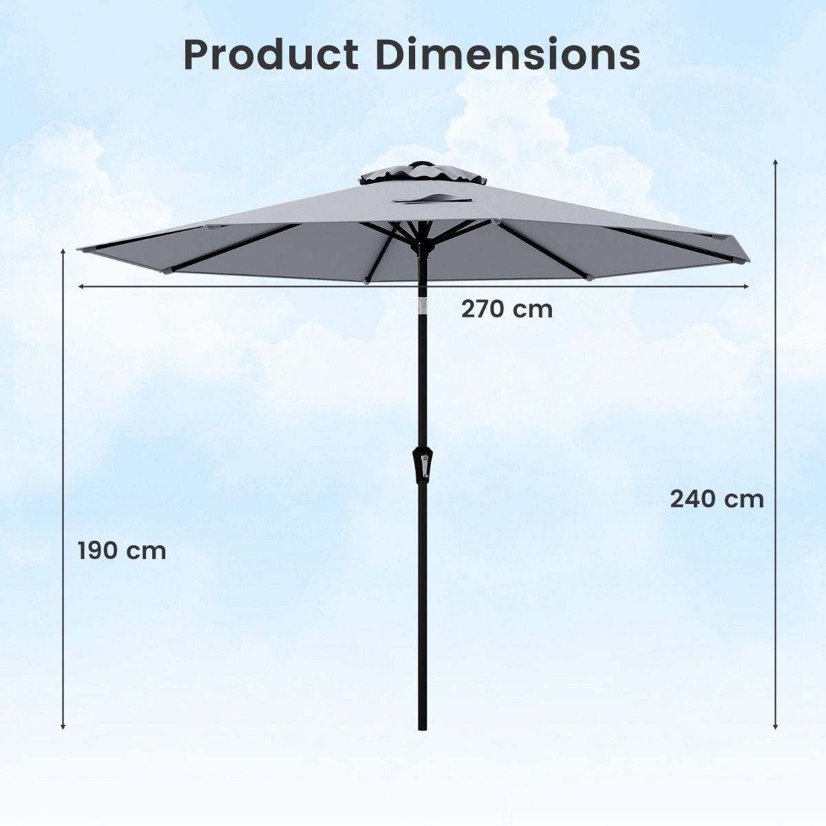 Coast Terrassen-Sonnenschirm 270 cm Grau - Kippbarer Marktschirm mit Kurbel und belüftetem Dach