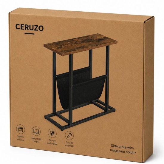 Ceruzo Beistelltisch mit Zeitschriftenhalter – schmal – schwarz-braun – H 55 cm