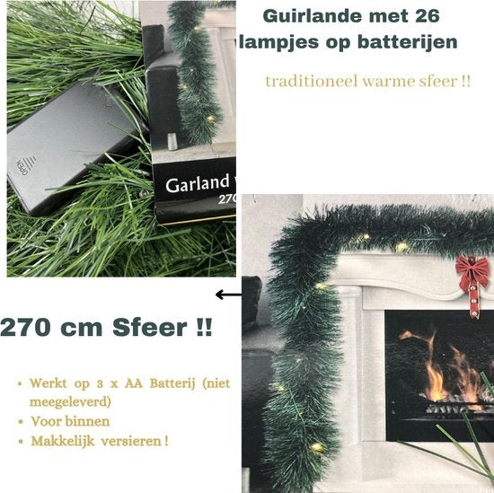 Girlande Grün mit 26 Led-Lichtern - warmweiß- Weihnachtsgirlande -270 cm - batteriebetrieben