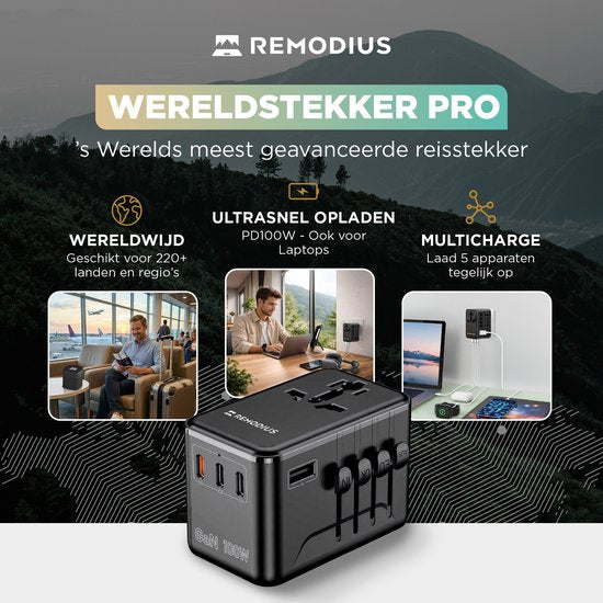 Remodius® World Plug PRO - 220+ Länder - Universeller Reisestecker mit PD100W Ultra USB C Schnellladung für Laptops, Telefone, Tablets, und mehr - 3x USB-C - 1x USB-A
