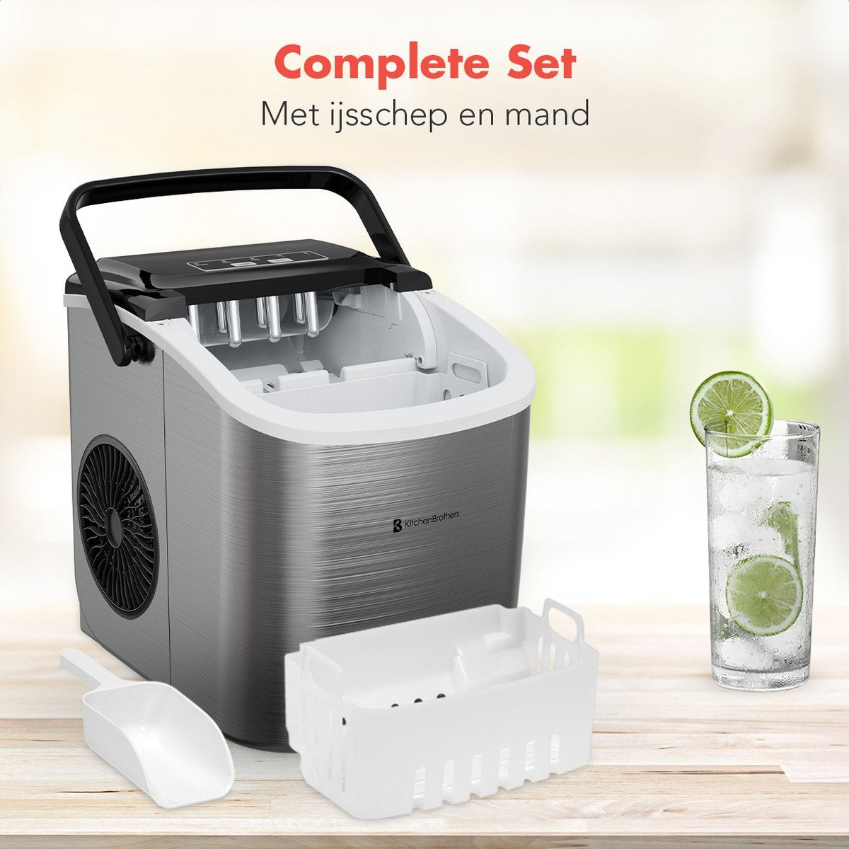 KitchenBrothers Eiswürfelbereiter - 1.2L - 7-10 min. - 12kg/24h - Tragbar mit Handgriff - Eiswürfelbereiter mit Eisportionierer - Edelstahl