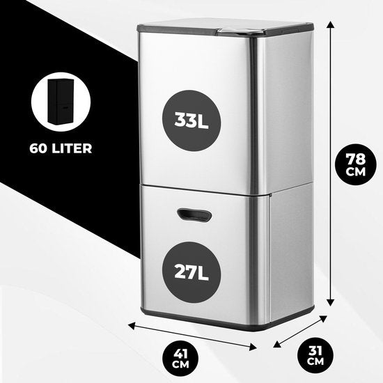 Bayt Abfalleimer 60 Liter - Abfalleimer 60 Liter - Mülltrennung - 2 Fächer - Edelstahl - Silber
