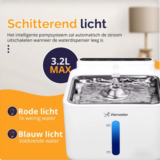 Viervoeter Kabelloser Trinkbrunnen aus Edelstahl – Sensor-Trinkbrunnen für Katzen und Hunde – Inklusive Filter – 3,2 l – 30 Tage Batterielaufzeit – Flüsterleise – Weiß