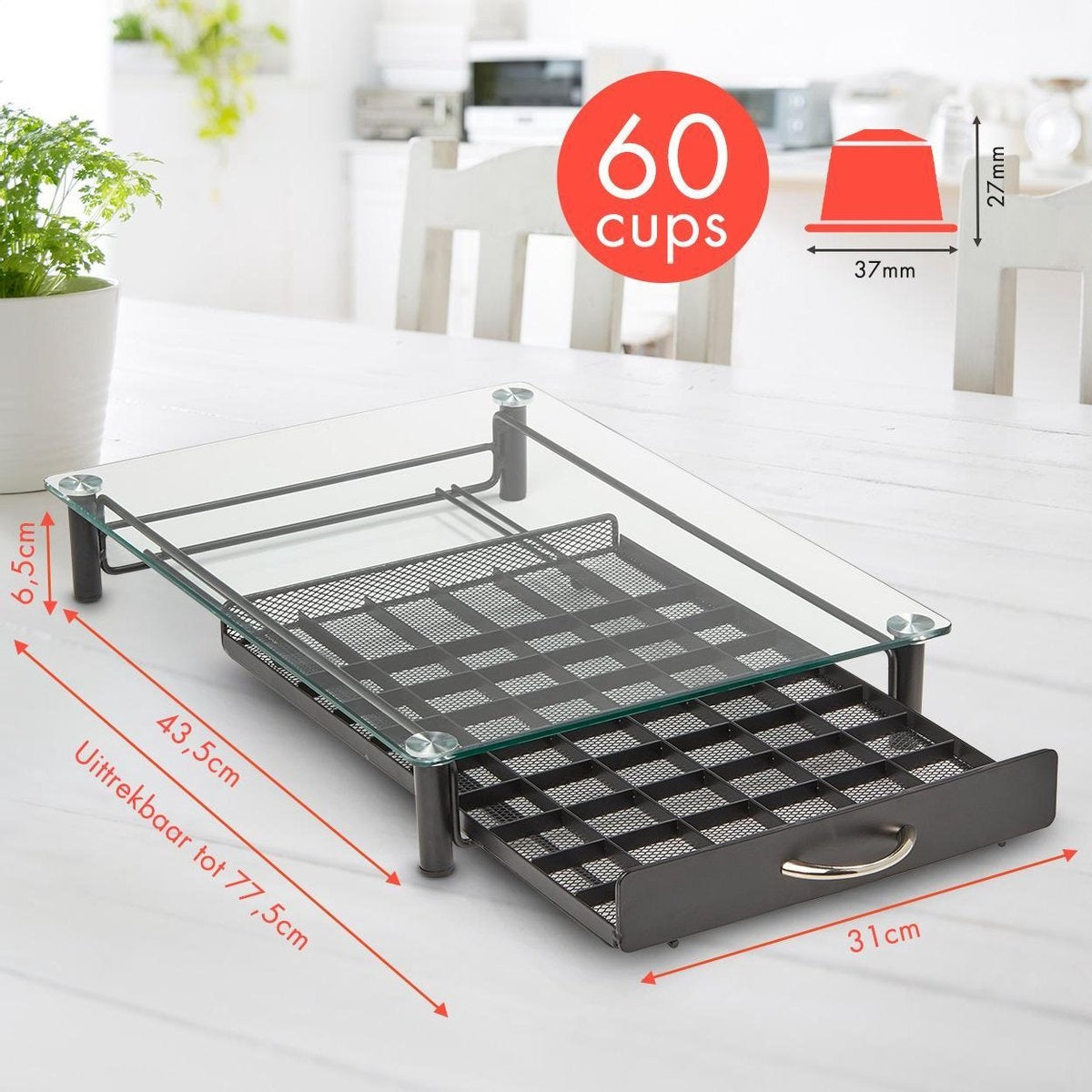 KitchenBrothers Kapselhalter - mit Schublade - Nespresso - 60 Kapseln - Glas - Edelstahl/Schwarz