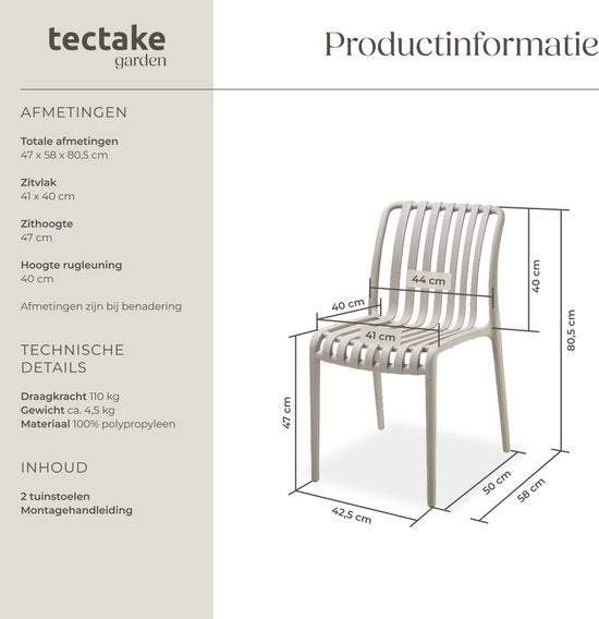 tectake® 2er Set Gartenstühle Alcudia - Taupe - Kunststoffstühle - Stapelbar - Stühle für Garten, Terrasse oder Balkon - Wetterfest und UV-beständig - Belastbarkeit 120kg pro Gartenstuhl