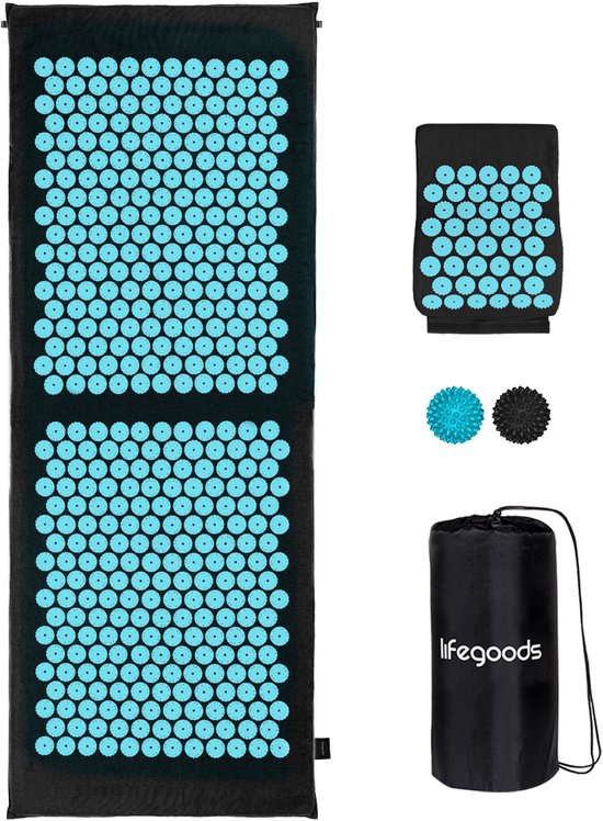 LifeGoods Akupressurmatte XL - Mit Kissen - Shakti Matte - Nagelmatte inkl. 2x Triggerpunkt Ball - 128x48x2cm - Schwarz/Türkis