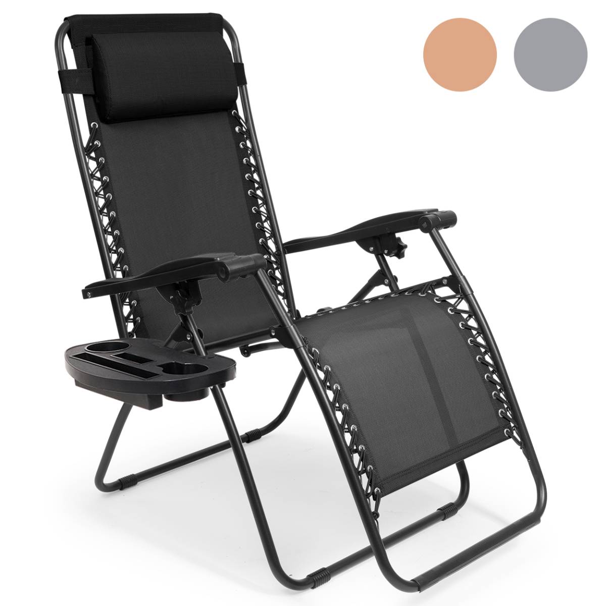 LifeGoods Klappbarer Liegestuhl 162 x 64 x 110 cm – Verstellbar – Getränke-/Handyhalter – Schwarz