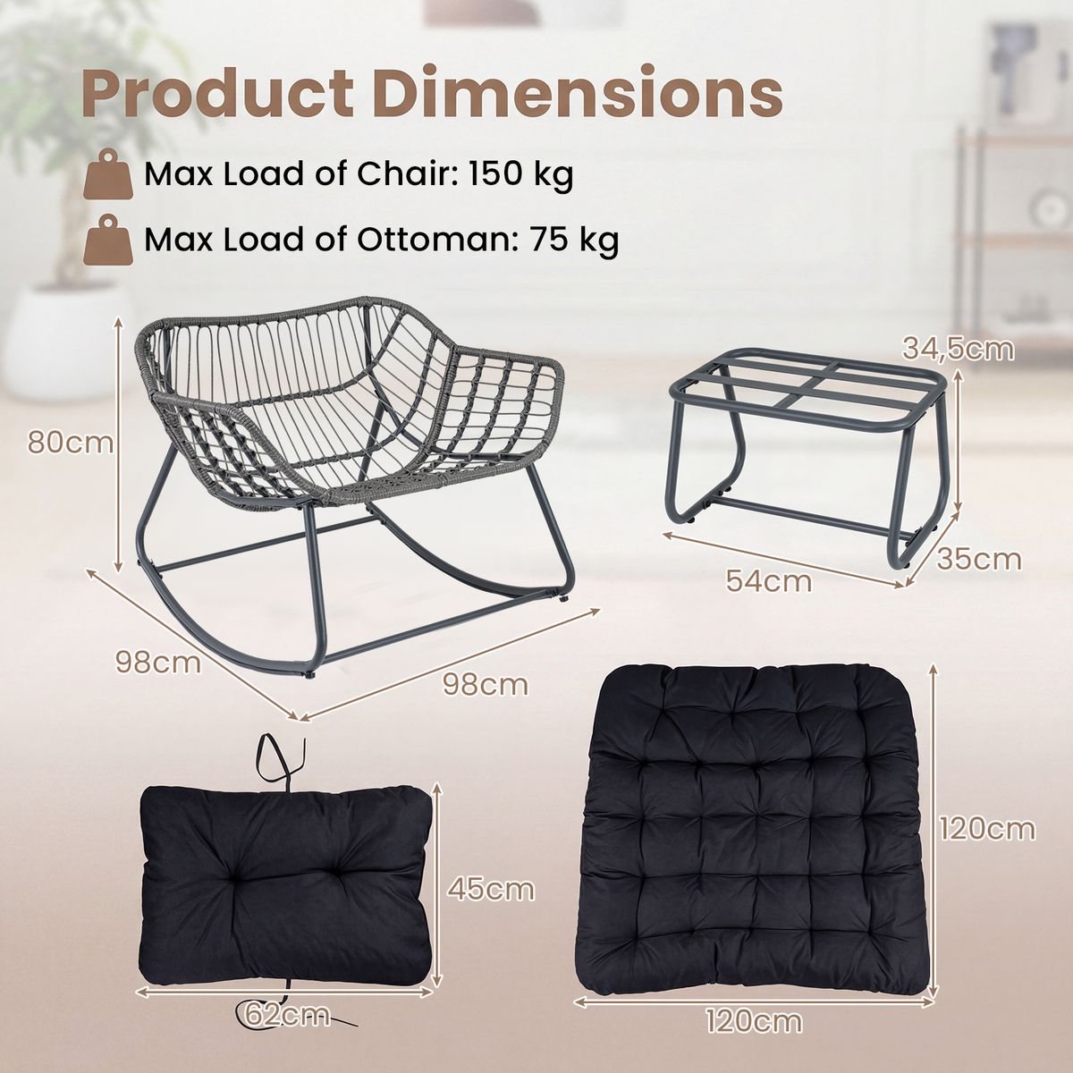 Coast Schaukelstuhl mit Fußhocker – ergonomisches Design – Metallgestell mit PE-Rattan – schwarz