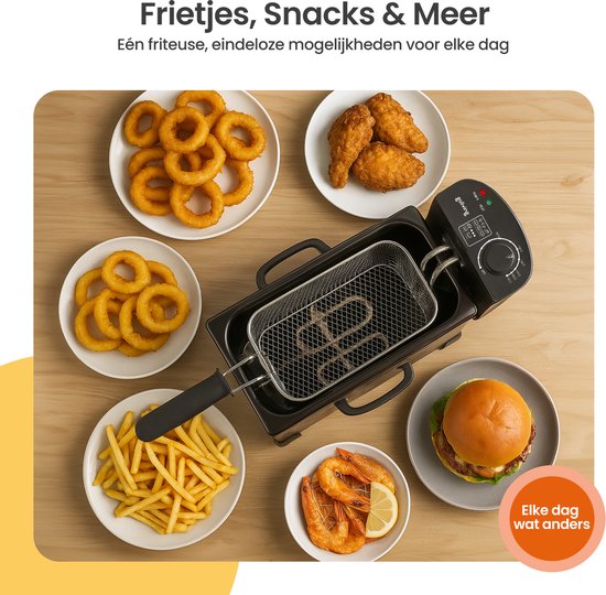 Goliving Fryer 3L - Fritteuse - Sichtfenster aus Glas - bis zu 190°C - 2000W - Edelstahl - Schwarz