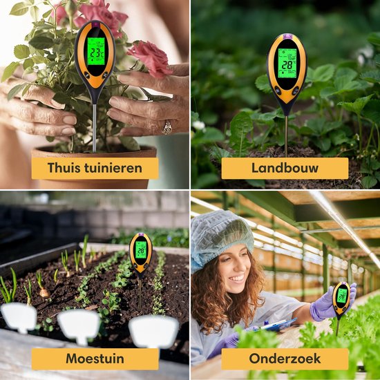 Vulpes Goods® Feuchtemessgerät für Pflanzen - 4-in-1 - Feuchtemessgerät - Innen und Außen - Hygrometer für Zimmerpflanzen - - pH, Lichtmessgerät, Temperaturmessgerät und Feuchtemessgerät - Bodenfeuchtemessgerät - PRO Version - inkl. Batterie
