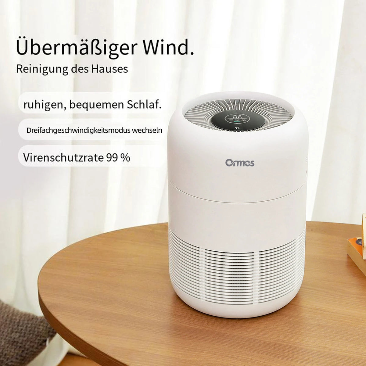 Ormos A8 Luftreiniger – HEPA-Filter und Luftqualitätssensoren – 21 × 21 × 30,2 cm