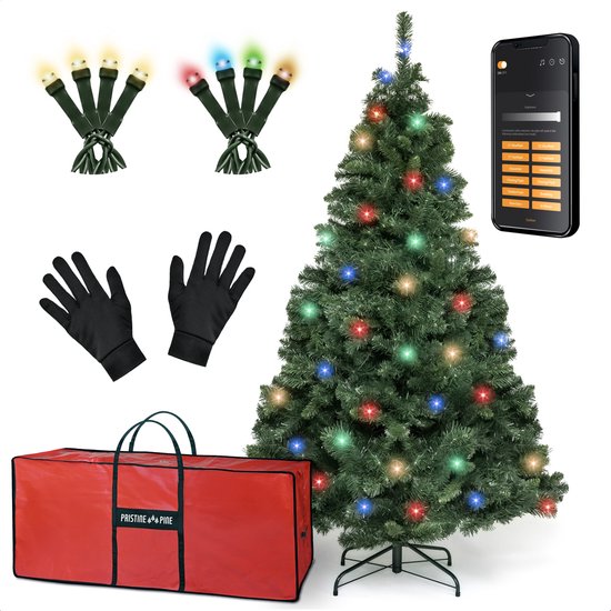 PristinePine Nordic Forest Fir - Kompletter Weihnachtsbaum mit LED-Beleuchtung (1339 Zweige) - Künstlicher Weihnachtsbaum inklusive Aufbewahrungsbeutel und Handschuhe - 380 farbige und warmweiße Lichter - Steuerung über App - 210 cm
