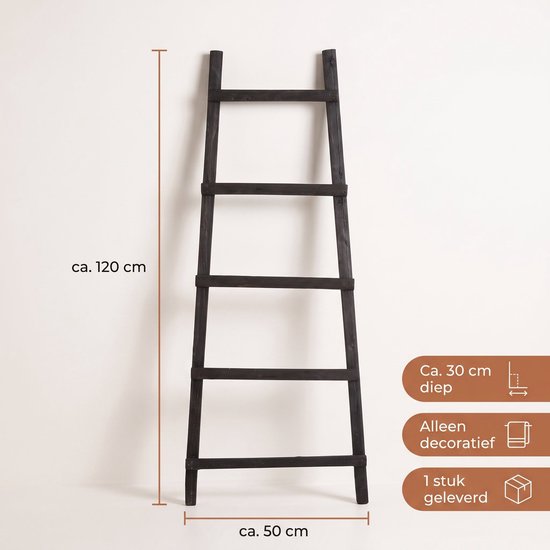Cheqo® Dekorationsleiter – Handtuchleiter – Dekorationsleiter aus Holz – Schwarze Dekorationsleiter - Leiterregal – Handtuchhalter – Zierleiter – Badezimmerleiter – Kleiderleiter – Dekorative Leiter für den Innenbereich – Leiter für Plaids – Wohnleiter