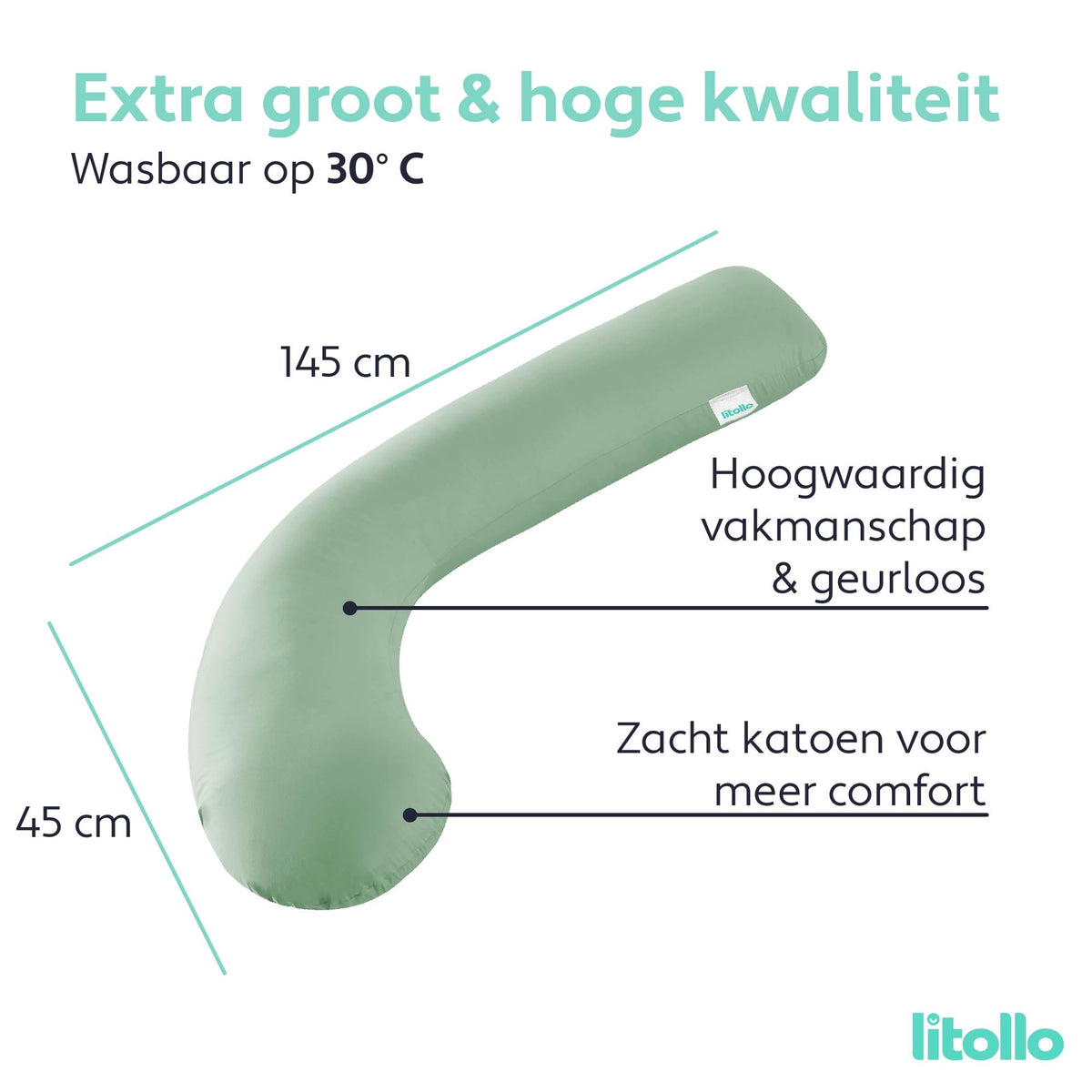 LitolloÂ¬Ã† Umstandskissen (J-Form) - Seidenkissen - Stillkissen - Körperkissen - 145cm - Abnehmbarer Bezug - Olivgrün