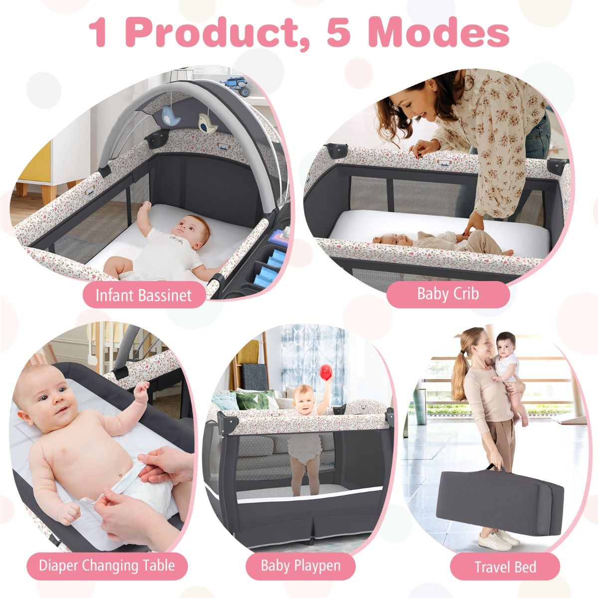 Coast 4-in-1 tragbares Babybett – mit Wickeltisch und Spieluhr – verstellbares Verdeck – grau 102 x 72 x 82 cm