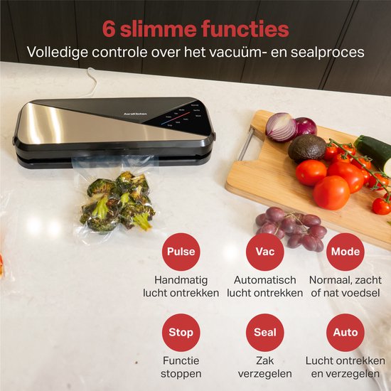 AoraKitchen Vakuumierer - 6 Funktionen - Inkl. 20 Vakuumbeutel & Vakuumschlauch - Schwarz