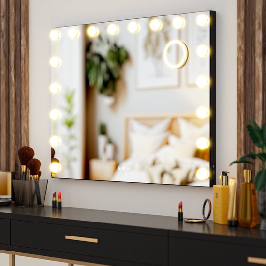 Mirlux Hollywood Mirror 80x60CM - 2 Bluetooth-Lautsprecher - USB & USB-C Ladeanschlüsse - LED-Beleuchtung - Schminkspiegel - 10x Zoom - Aufhängbar - Schwarz