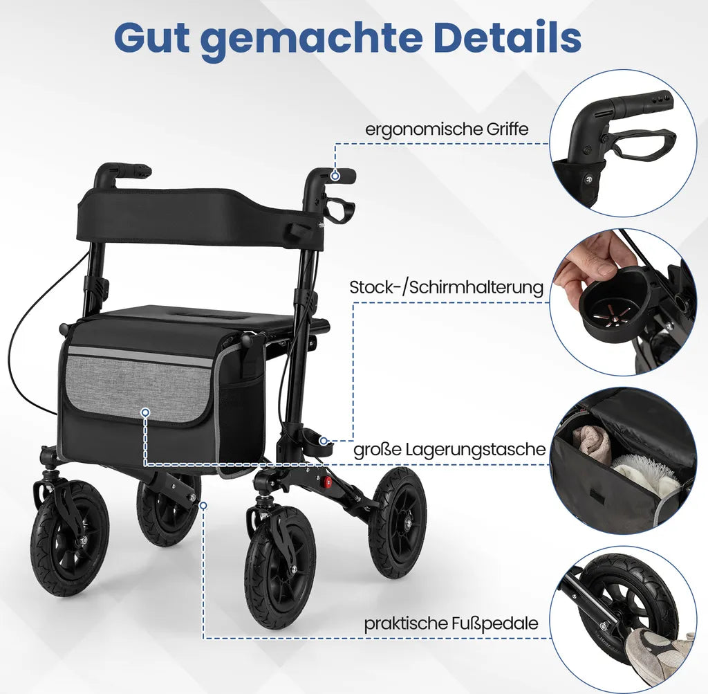 Coast Faltbarer Rollator Schwarz - 2-in-1-Reiserollator mit Sitz und Luftbereifung - 62 x 82 x 81,5-97 cm