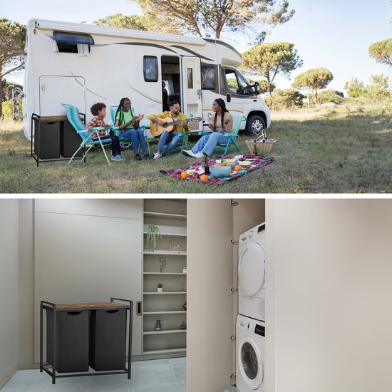 BRASQ Wäschekorb 2 Fächer - Wäschesortierer 76 Liter - Ausziehbar mit Regal 73x33x71 cm - Wäschebox Schwarz Metall - Braunes Holz - Korb