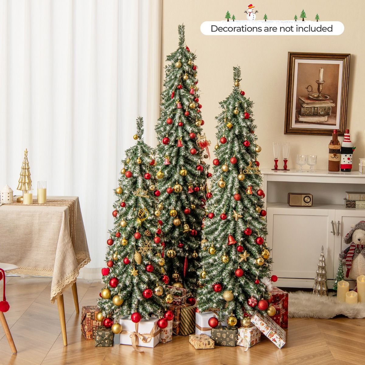 Coast Kunstweihnachtsbäume-Set – Bleistiftform – mit Kunstschnee und LED-Beleuchtung – 120/150/180 cm