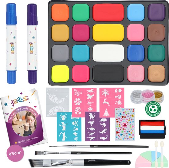 Partizzle Face Paint Set auf Wasserbasis - Gesichtsmalbuch und Schablonenset - Pinsel, Schwämme, Haarkreide, Bio-Glitter - Weihnachten Kinder - 20 Farben