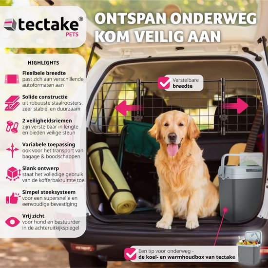 tectake - Auto-Hundehalterung - Universal mit variabler Breite bis max. 154 cm - Kofferraumschutz und -trenner - Inkl. 2 Sicherheitsgurte - Einfache Montage
