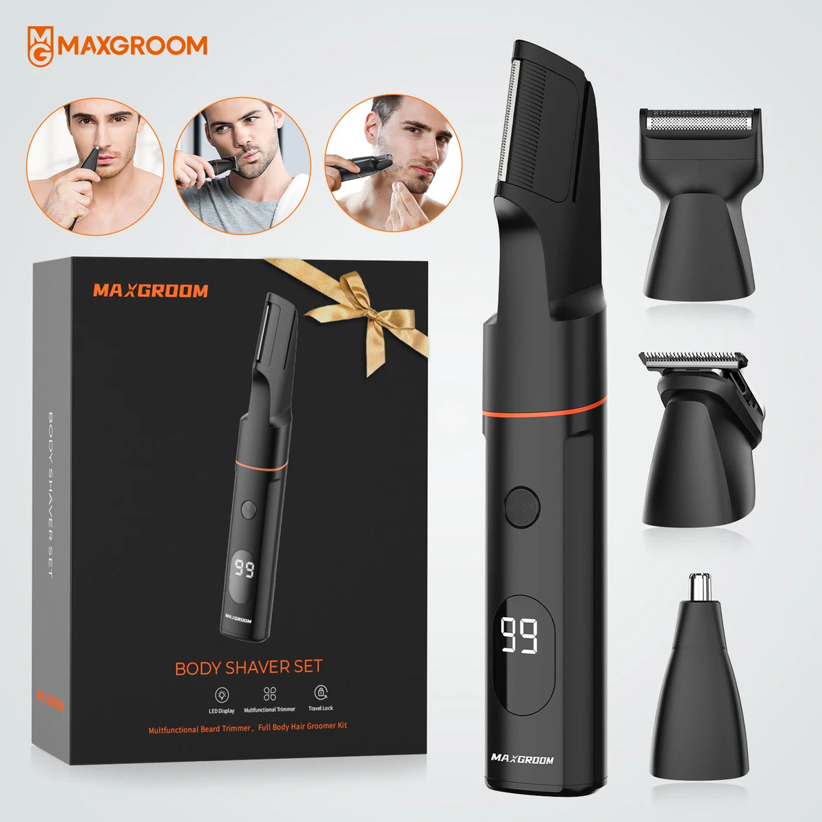 MAXGROOM 7-in-1-Körpertrimmer – kabellos – 1–9 mm – IPX6 wasserdicht – 90 Min. – LED-Anzeige – magnetische Aufsätze