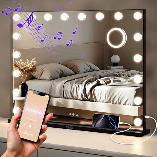Mirlux Hollywood Mirror 80x60CM - 2 Bluetooth-Lautsprecher - USB & USB-C Ladeanschlüsse - LED-Beleuchtung - Schminkspiegel - 10x Zoom - Aufhängbar - Schwarz