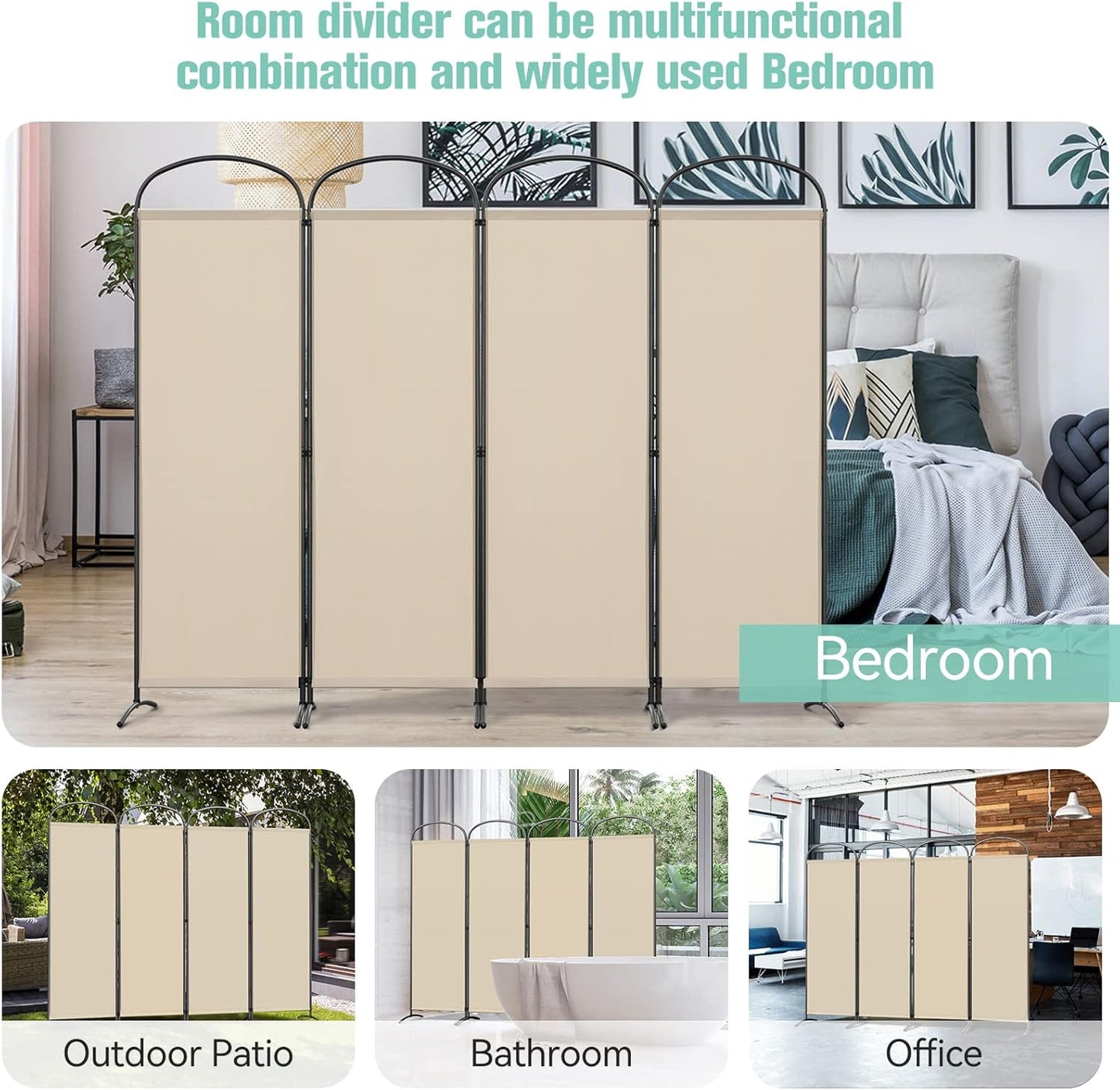 Angel Living Paravent - 4-teilig - faltbar - 160g/m² Polyester - Stahlrahmen - Raumteiler & Sichtschutz - Beige